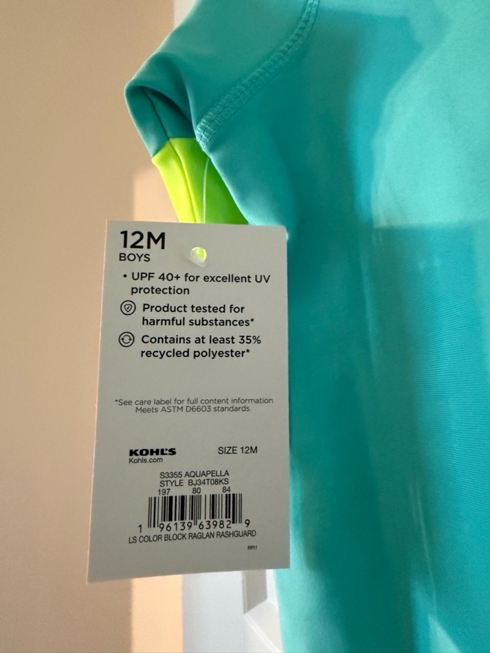jumping beans Teal Rash Guard with Neon Yellow and Navy Sleeve Stripes - Picture 3 of 3
